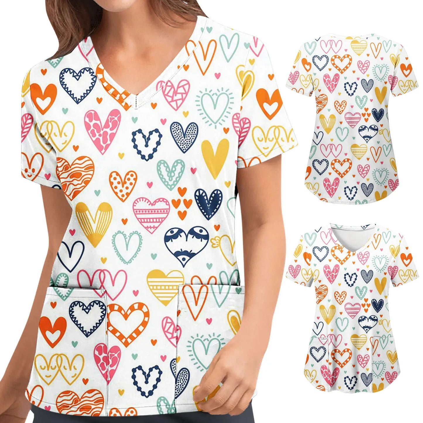 Womens Scrubs Nursing Top Cute Heart Printed Short Sleeve Neck Tops Care Working Uniform Blouse Shirt Nurse Pockets Uniforme