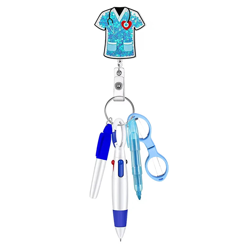 5-in-1 Cute Nurse Pen Set Medical Retractable Scroll Easy to Pull Buckle ID Buckle Acrylic Badge Clip