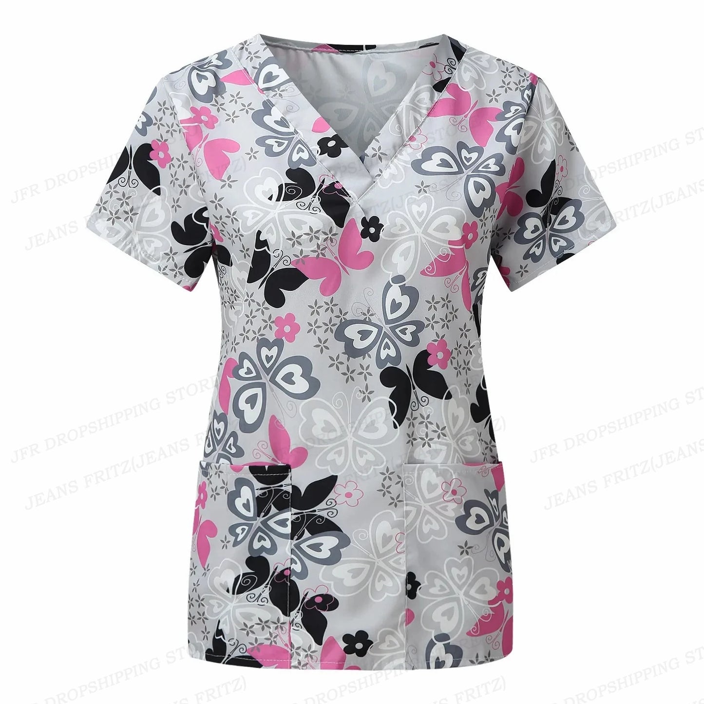 Flower Nurse Uniform Women's V-Neck Pocket Medical Uniforms Butterfly Floral Nursing Scrubs Tops Workwear Uniforme enfermera