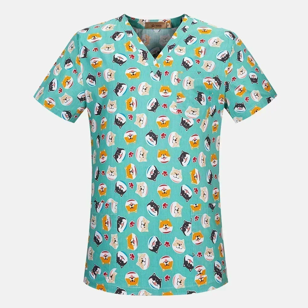 Nurse Uniforms Women Print Short Sleeve V-neck Scrubs Working Medical Blouse Overalls Uniforms Medical Nursing Spa Pet Dentistry