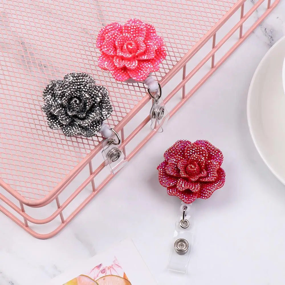 New Rose Shape Design Badge Reel Resin Retractable Nurse ID Card Badge Reel Holder Elegant Floral ID Holder Lanyard Keychains