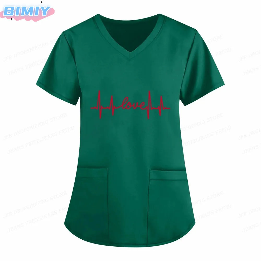 Letter Love Heart Nurse Uniform Print Tops V-Neck Pocket Medical Uniforms Nursing Scrubs Tops Working Clothes uniforme enfermera