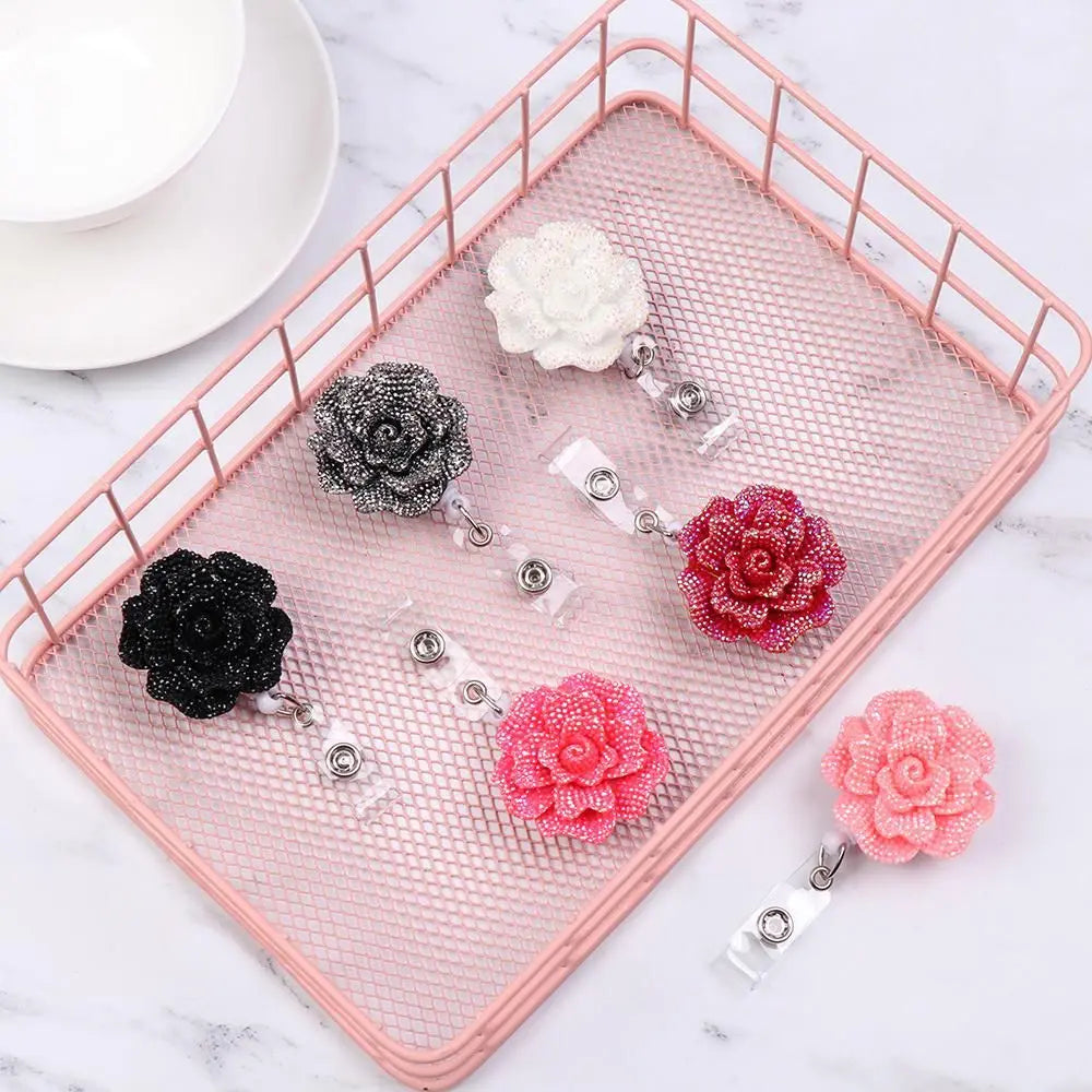 New Rose Shape Design Badge Reel Resin Retractable Nurse ID Card Badge Reel Holder Elegant Floral ID Holder Lanyard Keychains