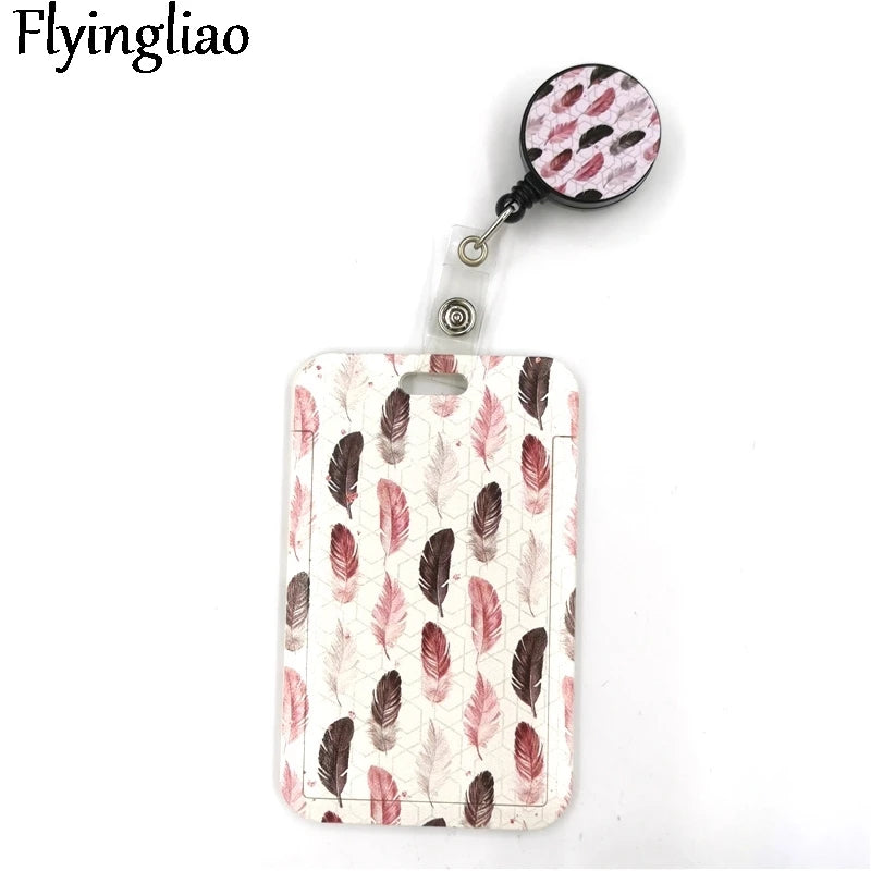 Black Pink Leaves Feathers Cute Card Cover Clip Lanyard Retractable Student Nurse Badge Reel Clip Cartoon ID Card Badge Holder