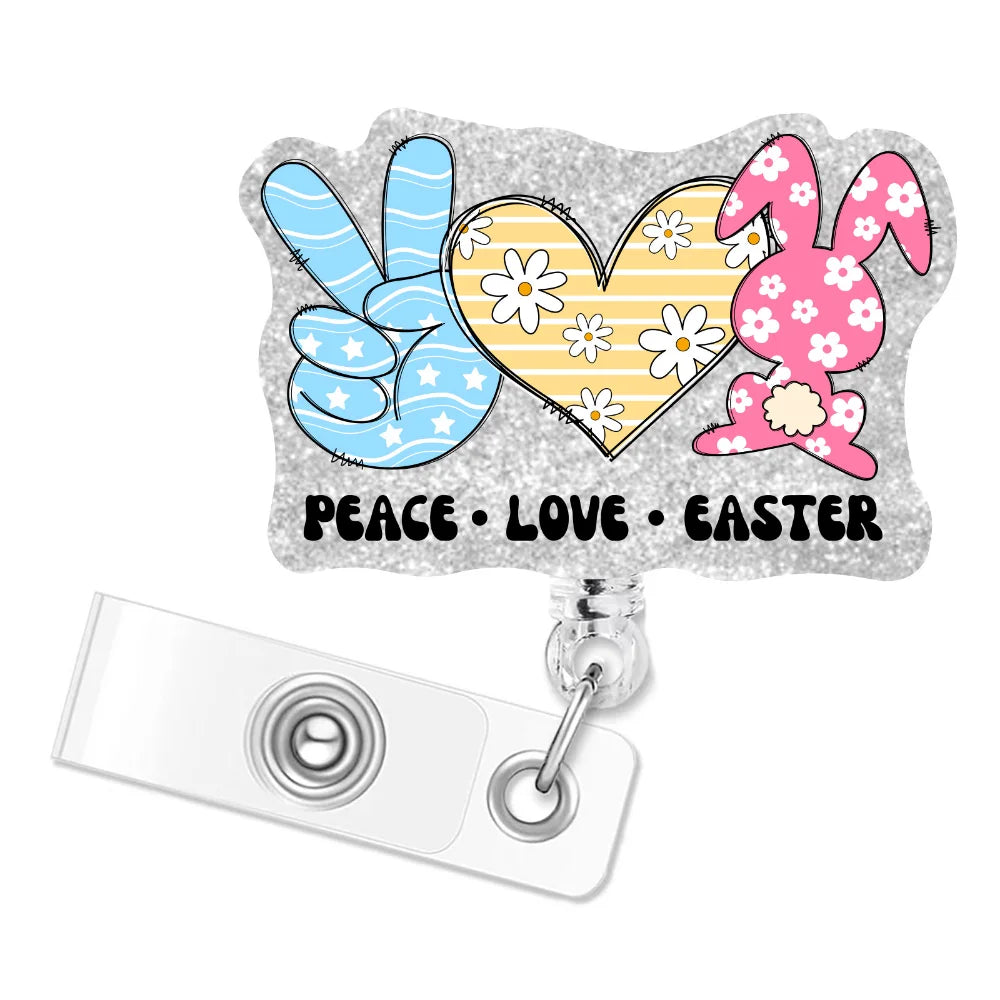 Easter Bunny Badge Reel Cute Glitter Acrylic Retractable ID Badge Holder Doctor Nurse ID Name Card Holder Office Supplies