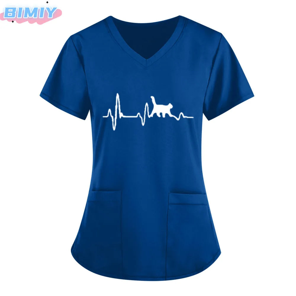 Letter Love Heart Nurse Uniform Print Tops V-Neck Pocket Medical Uniforms Nursing Scrubs Tops Working Clothes uniforme enfermera