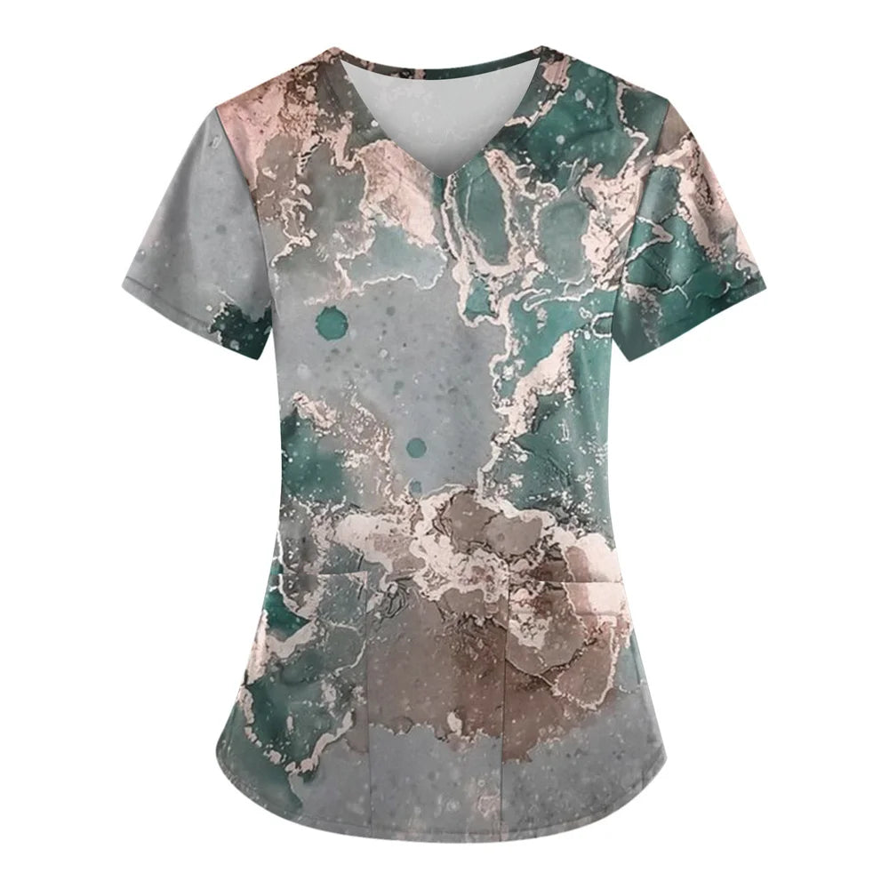 Nurse Uniform Women Medical Nursing Scrubs Tops Short Sleeve Marble Print Working With Pockets Tunics Uniform Nursing Workwear