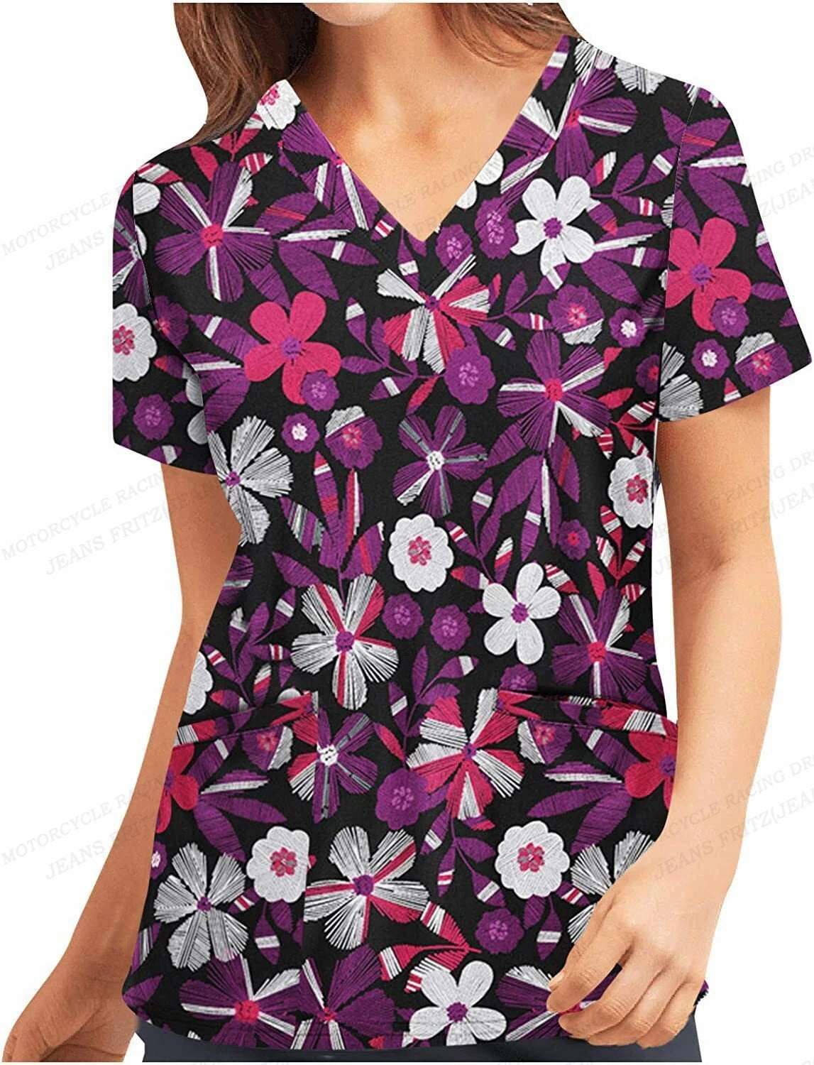 Flower 3d Print Nurse Uniform Floral V-Neck Pocket Nursing Scrubs Tops Women Workwear Clothes Overalls Medical Uniforms Ladies