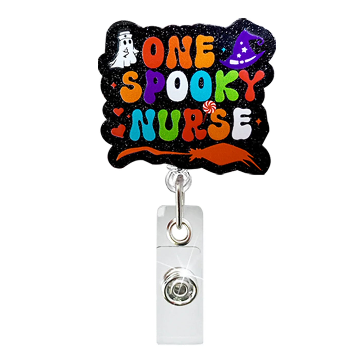 Acrylic Glitter Halloween Ghost Pumpkin Cat Retractable Badge Reel Rotating ID Badge Holder Crocodile Clip for Doctor and Nurse