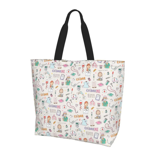 Cartoon Nurse Enfermera En Apuros Grocery Bag Large Capacity Unique Design Gift for Nurse Doctor Stuff For Women Trendy Handbags