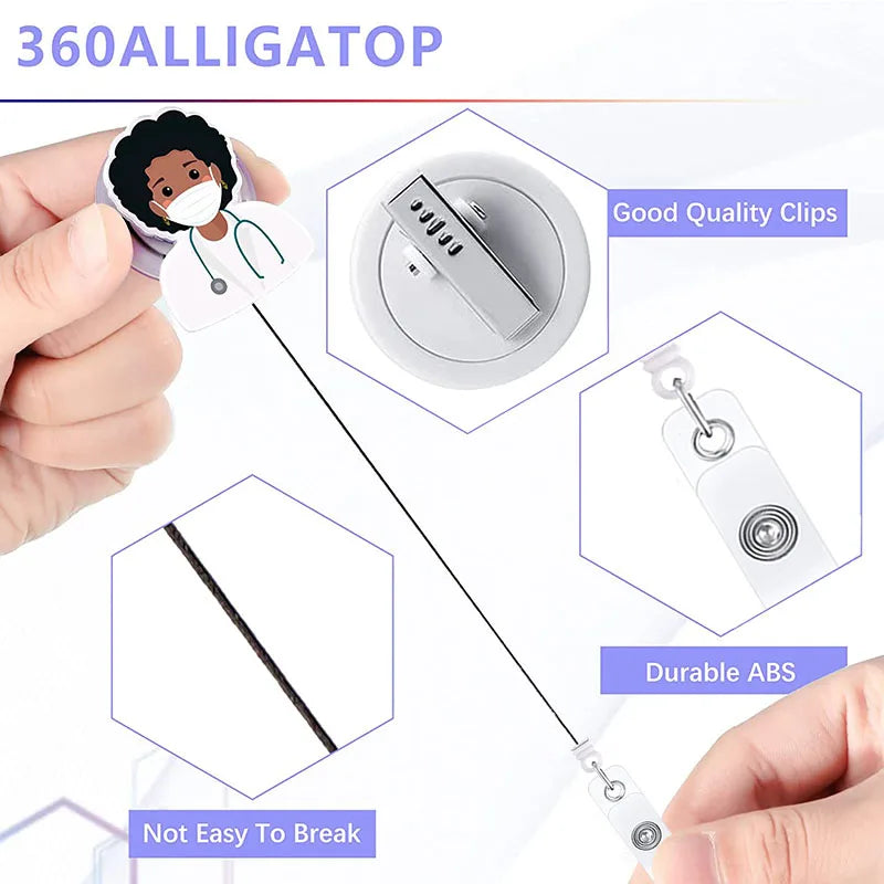 New Cute Acrylic Black Nurse Doctor Hospital Badge Reel Retractable ID Badge Holder With 360 Rotating Alligator Clip Name Holder