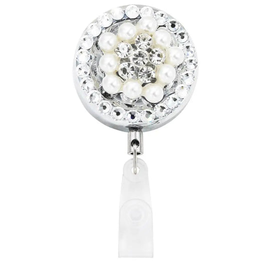 1PCS Bling Rhinestone Pearl Badge Reel ID Retractable Badge Holder Belt Clips Metal Heavy Duty Steel Wire Cord