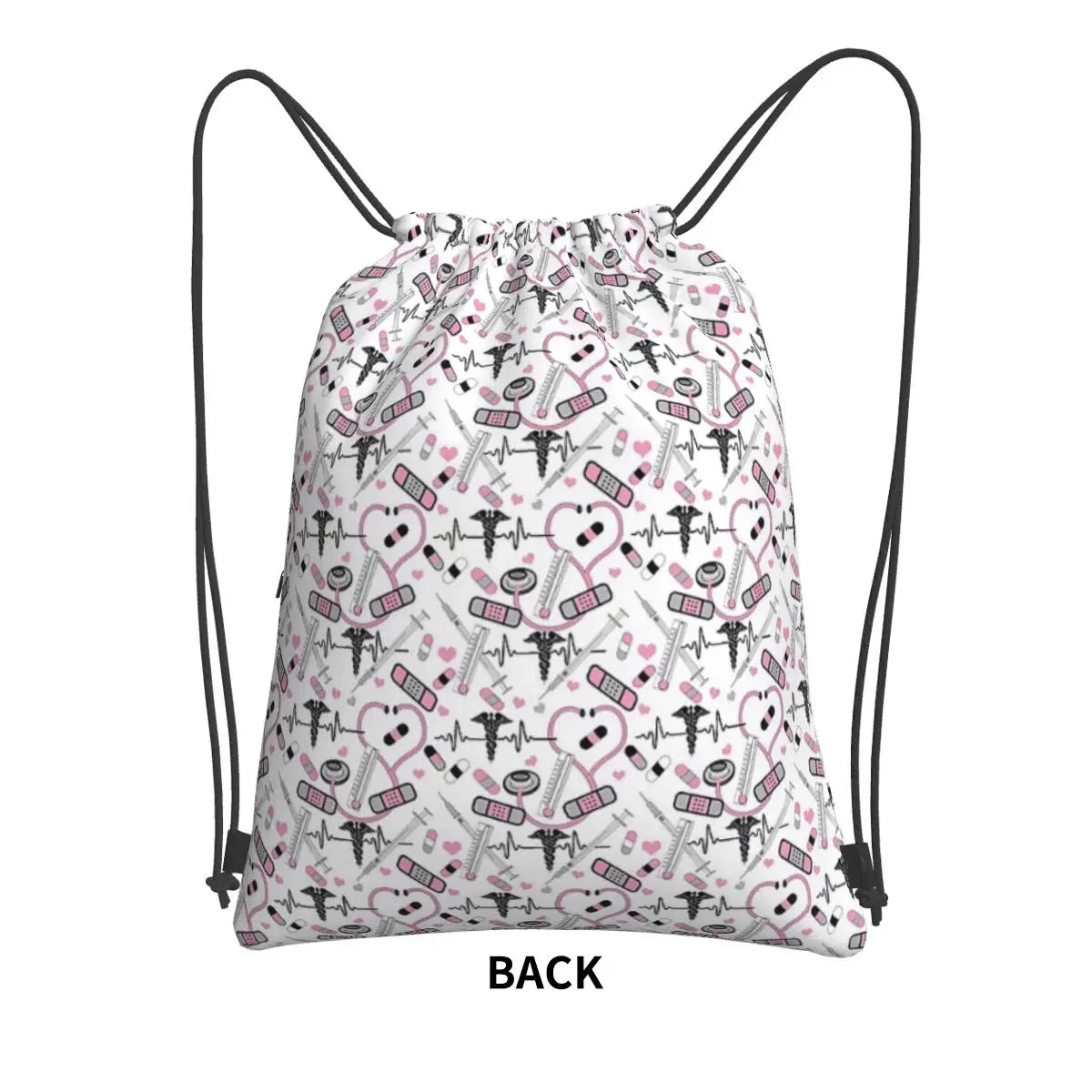 Cute Stethoscope Nurse Doctor EKG Pattern Portable Backpacks Drawstring Bag Casual Shoes Bags For Travel Sport Man Woman