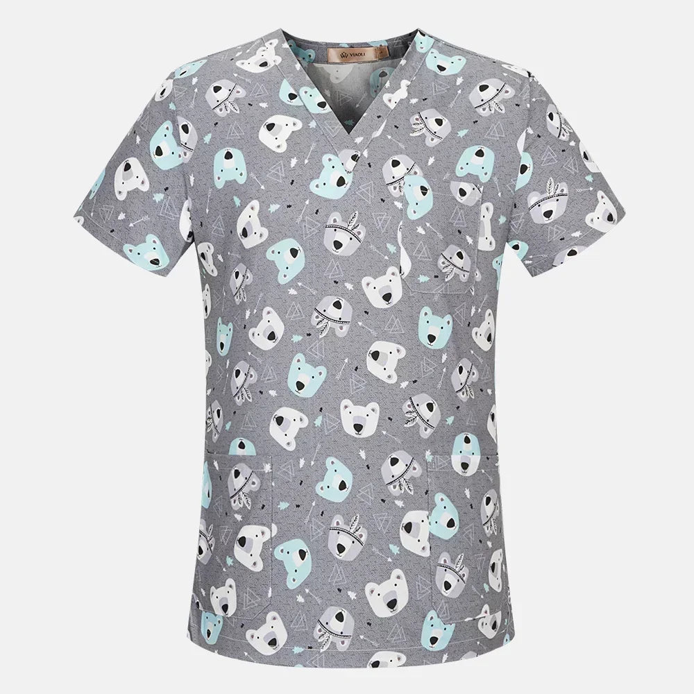 Nurse Uniforms Women Print Short Sleeve V-neck Scrubs Working Medical Blouse Overalls Uniforms Medical Nursing Spa Pet Dentistry