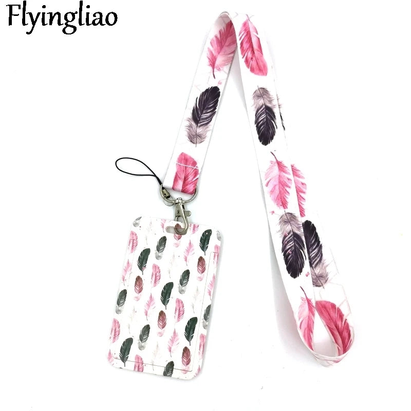 Black Pink Leaves Feathers Cute Card Cover Clip Lanyard Retractable Student Nurse Badge Reel Clip Cartoon ID Card Badge Holder