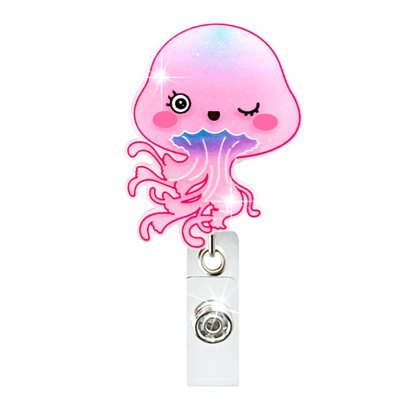 Marine Life Easy Pull Buckle ID Badge Holder Dolphin Jellyfish Coral Elastic Acrylic Retractable Badge Reel Clip