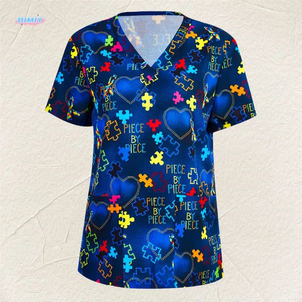 Flirty Floral V Neck T-shirt - Short Sleeve Medical Top with Stylish Pocket - Perfect for Spring & Summer - Womens Casual Comfor