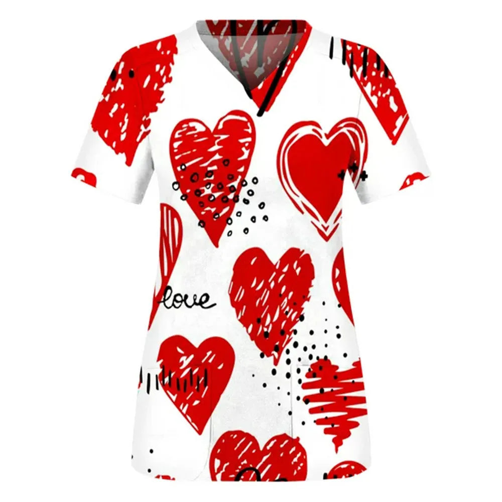 Nurse Uniform Love Heart Print Pocket V-Neck Nursing Scrubs Tops Workwear T-shirt Women Fashion Overalls Medical Uniforms