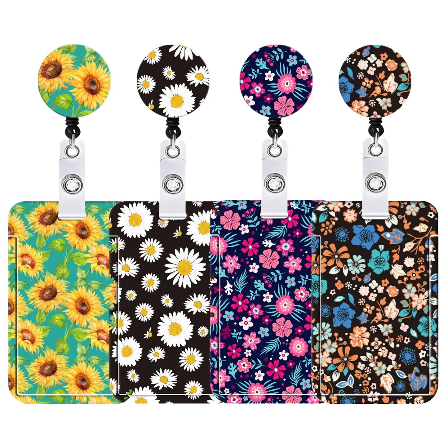 3Pcs/Set Cute Sunflower Leopard Retractable Keychain Nurse Badge Reel Clip Badge Holder Students Doctor ID Card Holder Lanyard