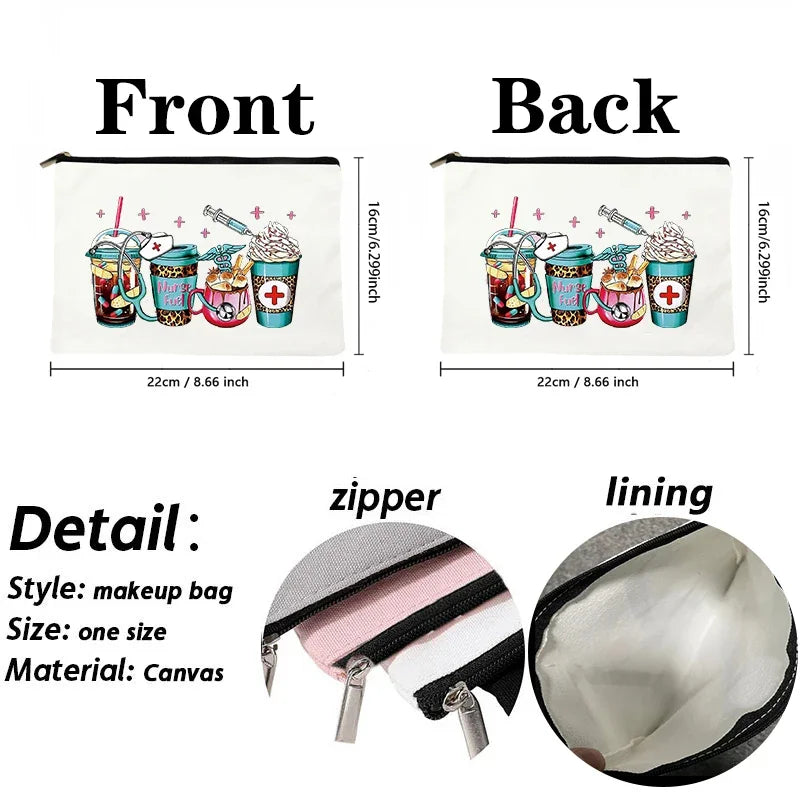 Nurse Zipper Canvas Bag Cute Coffee Pattern Makeup Bag Organizer Portable Cosmetic Case Lightweight Storage Gift Pouch Organizer