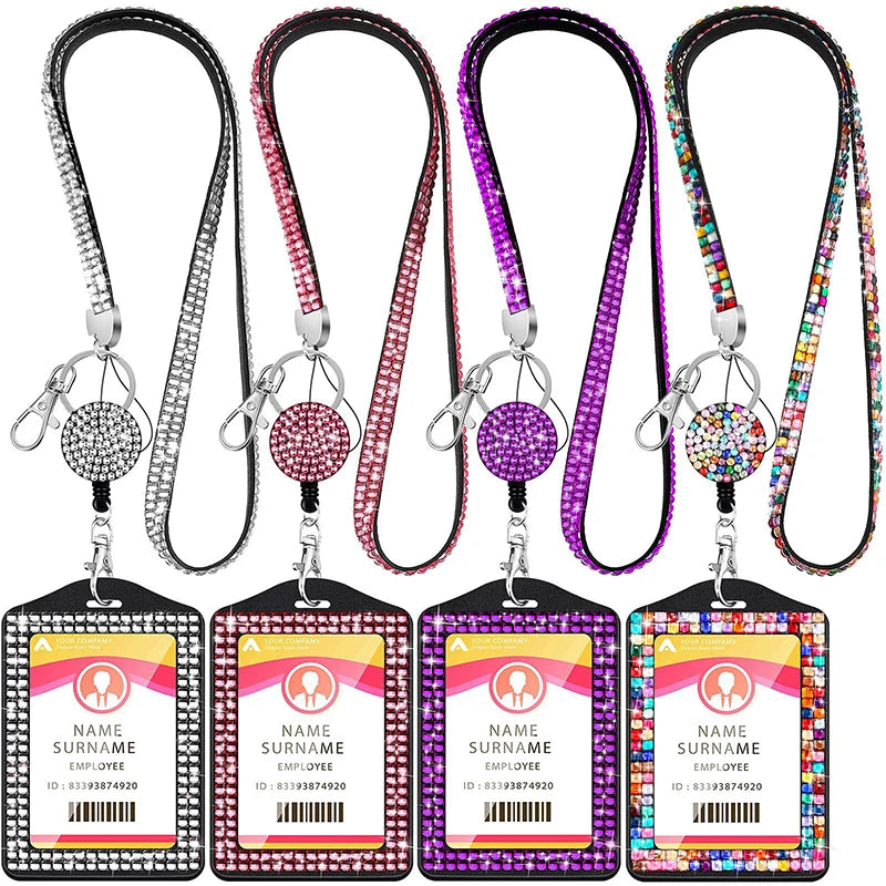 ID Name Badges Protector Case Work Card Case Crystal Retractable Lanyards Card Cover Badge Reel Badge Holder Rhinestone