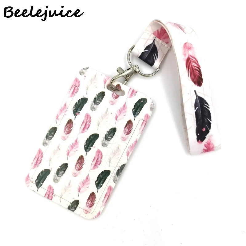 Black Pink Leaves Feather Horizontal Cute Card Cover Clip Lanyard Retractable Student Nurse Badge ID Card Badge Holder accessory