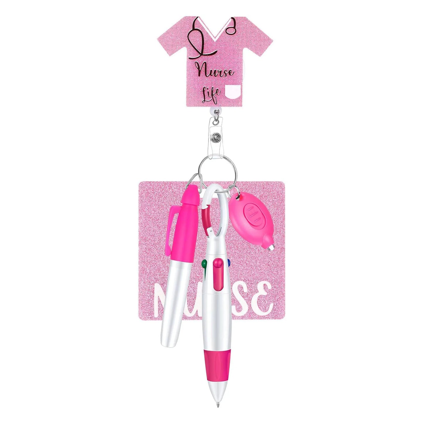 5-in-1 Cute Nurse Pen with Acrylic ID Badge Clip Ballpoint Pen Falshlight Sets Carabiner Retractable scroll easy to pull out