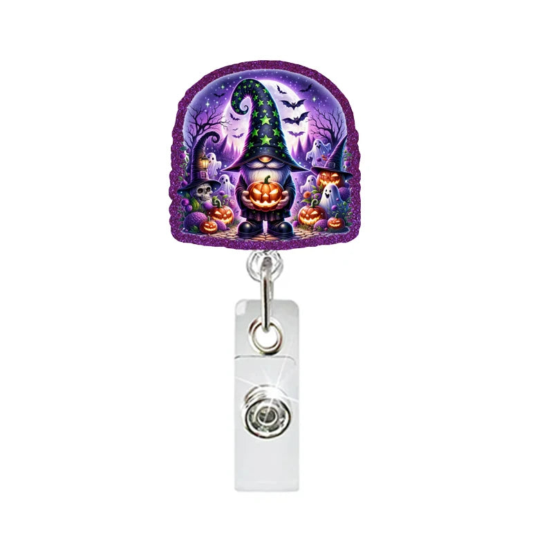 New Glitter Acrylic Halloween Gnomes Badge Reels Retractable ID Badge Holder With 360 Rotating Alligator Clip Name Holder