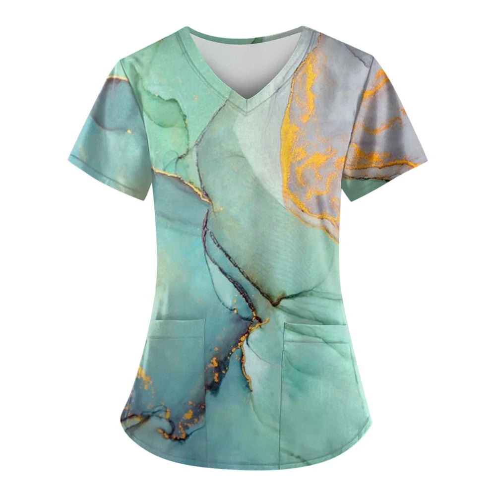 Nurse Uniform Women Medical Nursing Scrubs Tops Short Sleeve Marble Print Working With Pockets Tunics Uniform Nursing Workwear