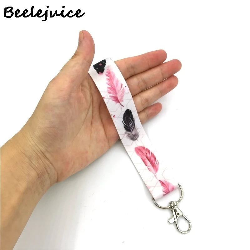 Black Pink Leaves Feather Horizontal Cute Card Cover Clip Lanyard Retractable Student Nurse Badge ID Card Badge Holder accessory