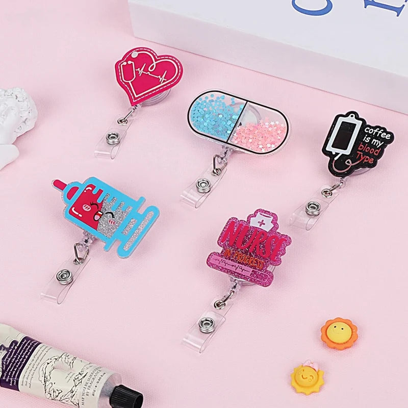 Cute Nurse Badge Reel Cna Badge Holder Retractable-ID Badge Holder With Clip 5 Pcs Acrylic Badge Reel With Alligator Clip