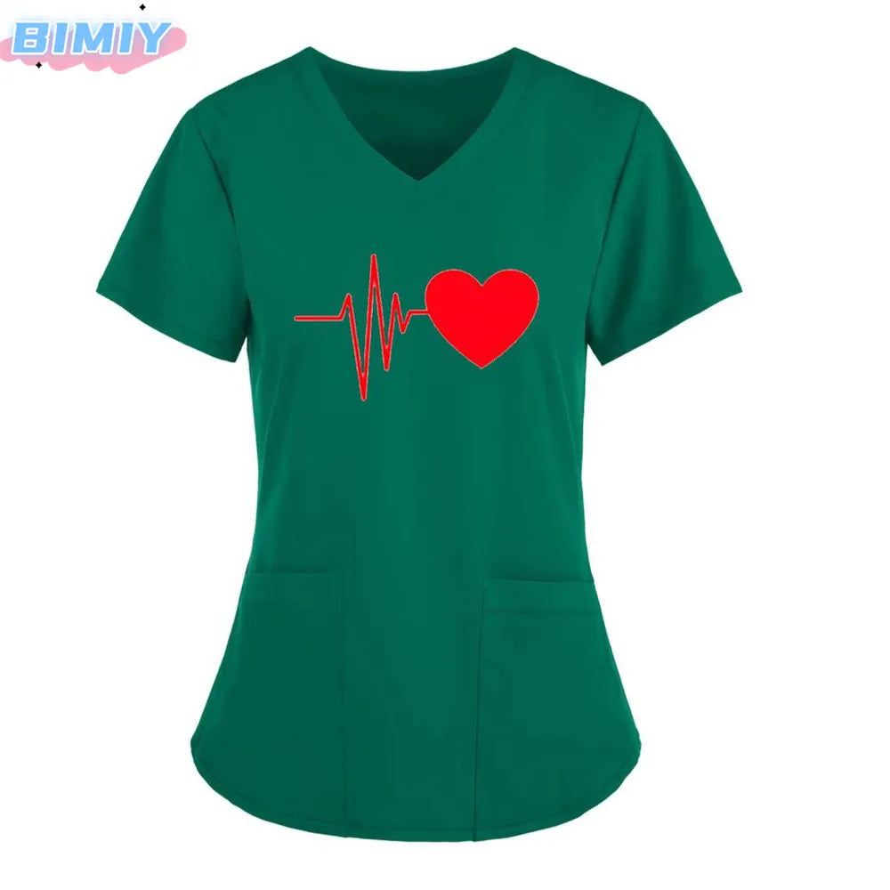 Letter Love Heart Nurse Uniform Print Tops V-Neck Pocket Medical Uniforms Nursing Scrubs Tops Working Clothes uniforme enfermera