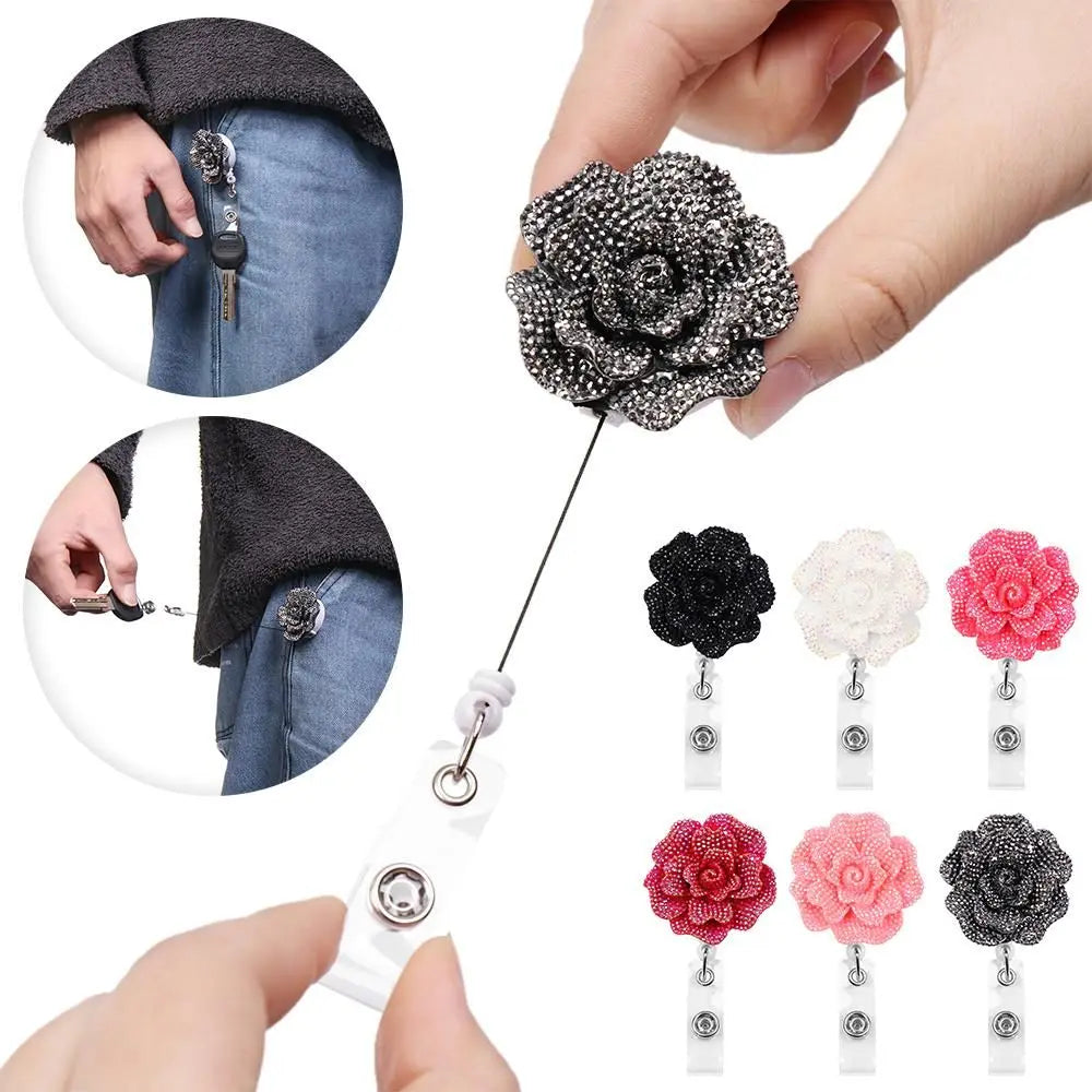 New Rose Shape Design Badge Reel Resin Retractable Nurse ID Card Badge Reel Holder Elegant Floral ID Holder Lanyard Keychains