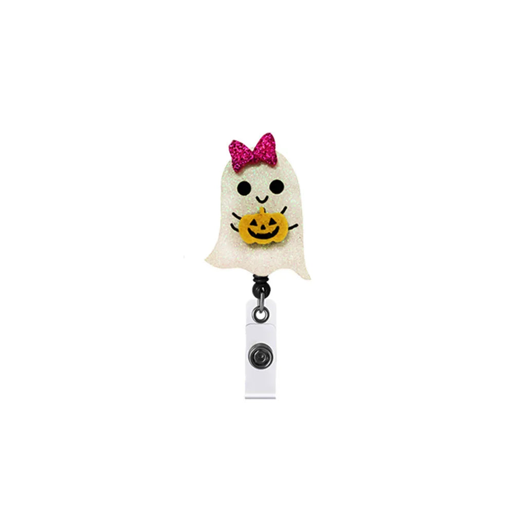 Halloween Badge Holder Cute Pumpkin Ghost Shape Doctor Nurse ID Holder Student Card Holder Retractable Rotating Badge Reel Clip