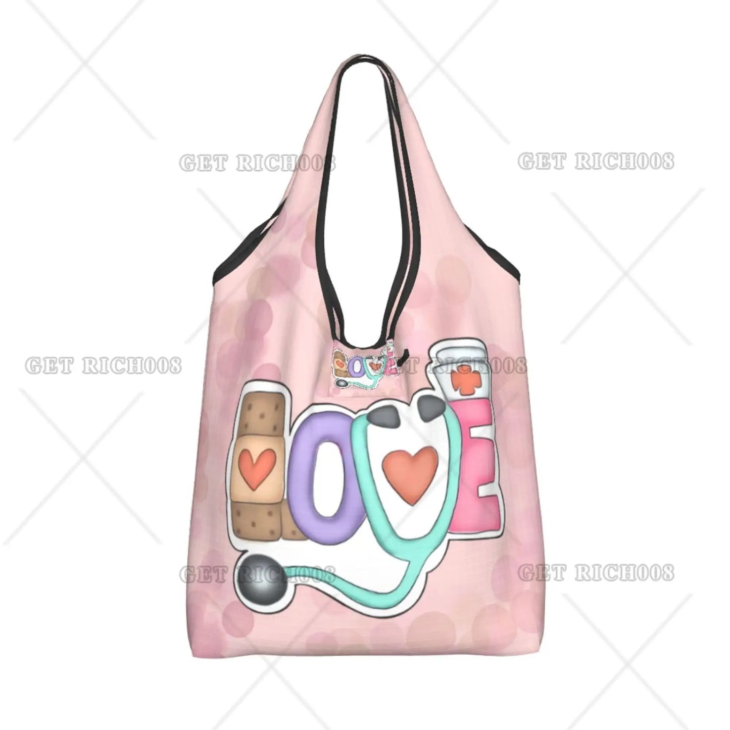 Nurse Love Pink Pattern Shopper Bag Portable Supermarket Bag Cute Tote Bag No Zipper  Fashion Reusable Shopping Bag Print