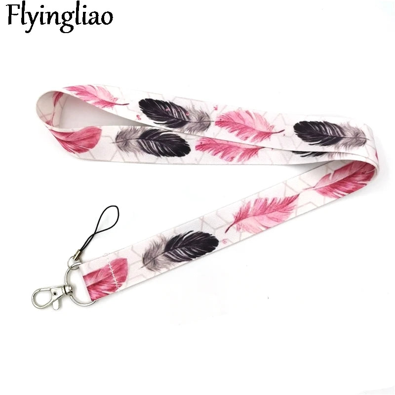 Black Pink Leaves Feathers Cute Card Cover Clip Lanyard Retractable Student Nurse Badge Reel Clip Cartoon ID Card Badge Holder