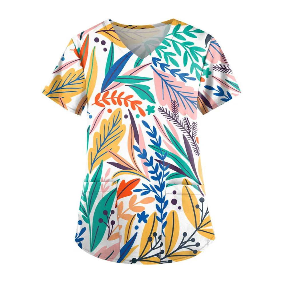 Flirty Floral V Neck T-shirt - Short Sleeve Medical Top with Stylish Pocket - Perfect for Spring & Summer - Womens Casual Comfor