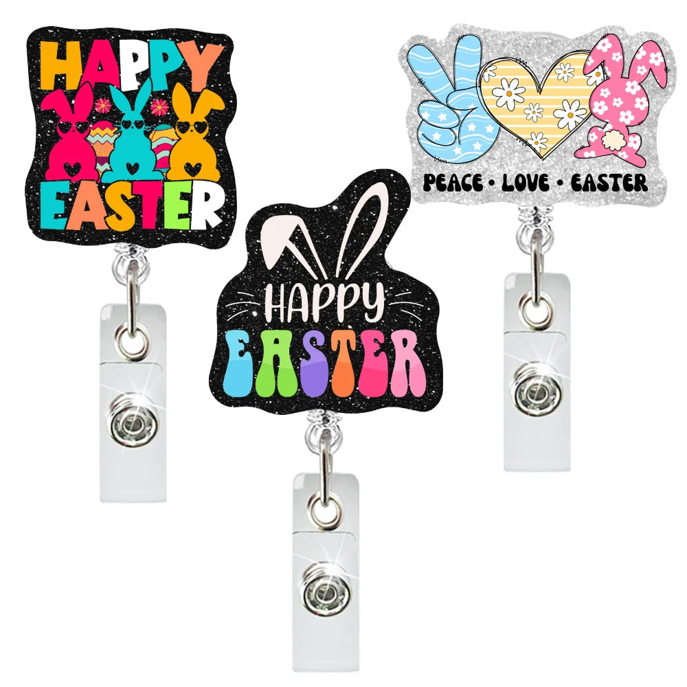 Easter Bunny Badge Reel Cute Glitter Acrylic Retractable ID Badge Holder Doctor Nurse ID Name Card Holder Office Supplies