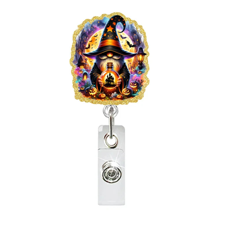 New Glitter Acrylic Halloween Gnomes Badge Reels Retractable ID Badge Holder With 360 Rotating Alligator Clip Name Holder