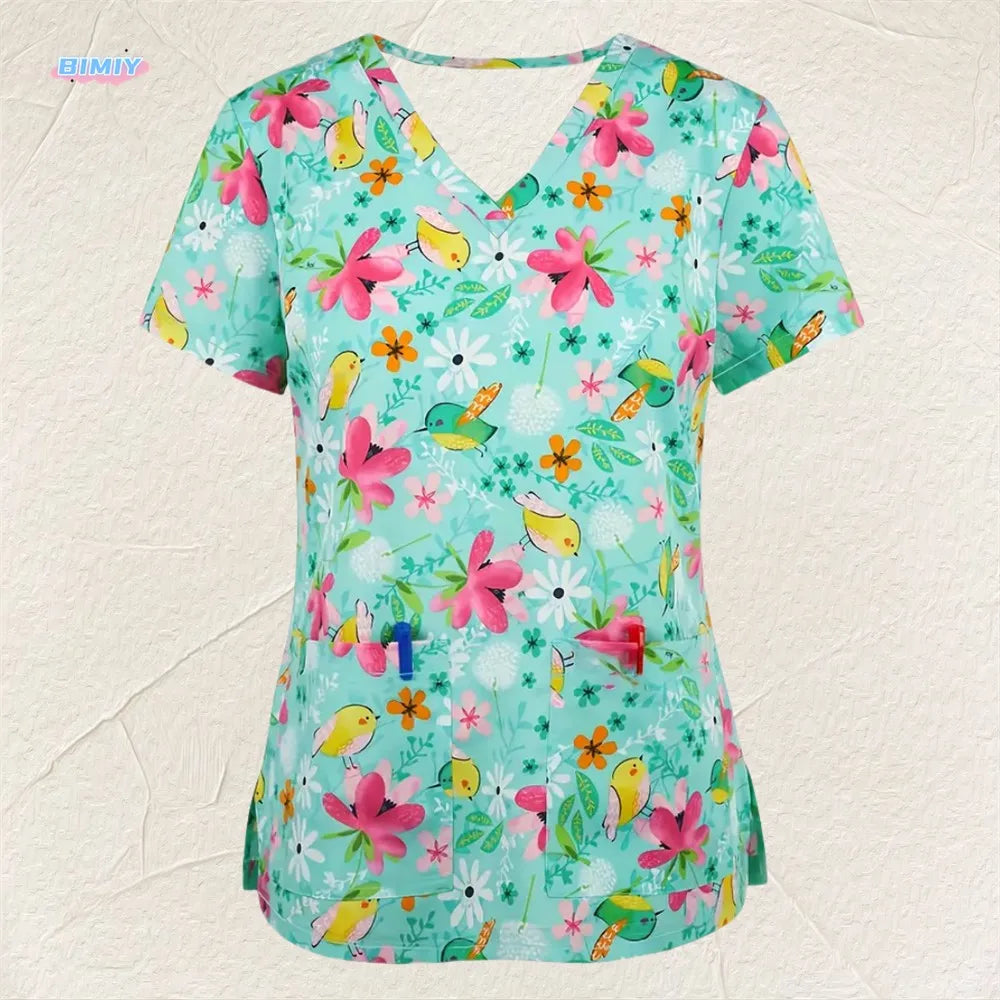 Flirty Floral V Neck T-shirt - Short Sleeve Medical Top with Stylish Pocket - Perfect for Spring & Summer - Womens Casual Comfor