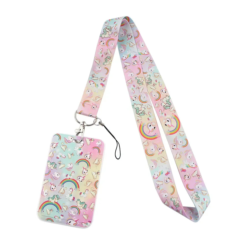 Lovely Student Card Holder Kawaii Cartoon Rainbow Unicorn ID Name Card Holder Keychain Lanyard for Kids Cute Nurse Accessories