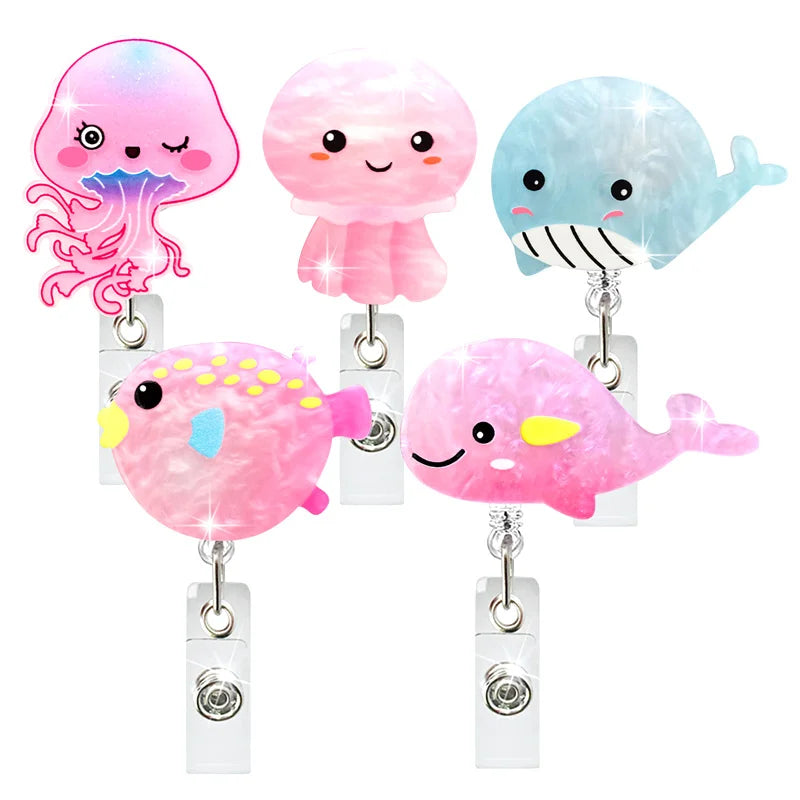 Marine Life Easy Pull Buckle ID Badge Holder Dolphin Jellyfish Coral Elastic Acrylic Retractable Badge Reel Clip