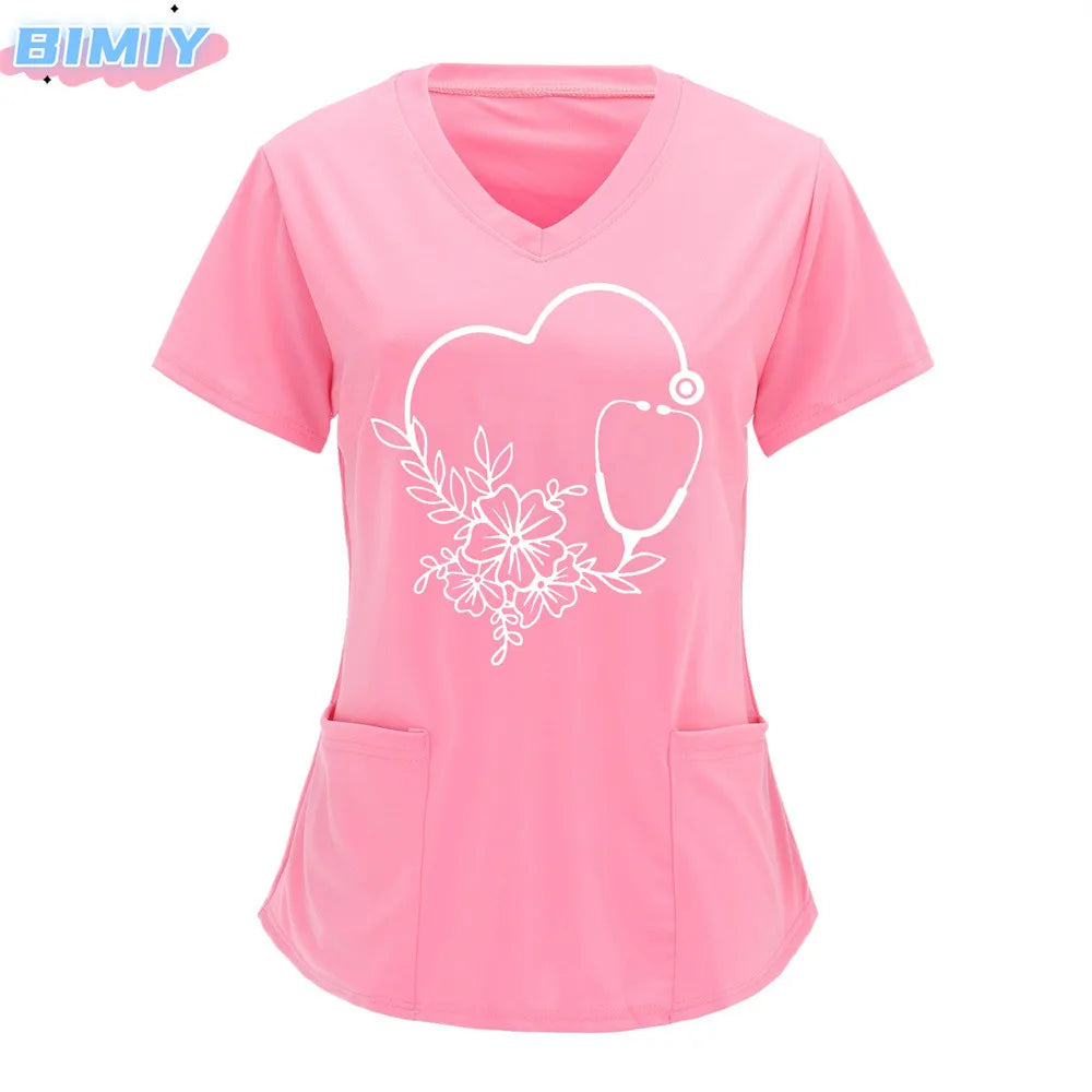 Letter Love Heart Nurse Uniform Print Tops V-Neck Pocket Medical Uniforms Nursing Scrubs Tops Working Clothes uniforme enfermera