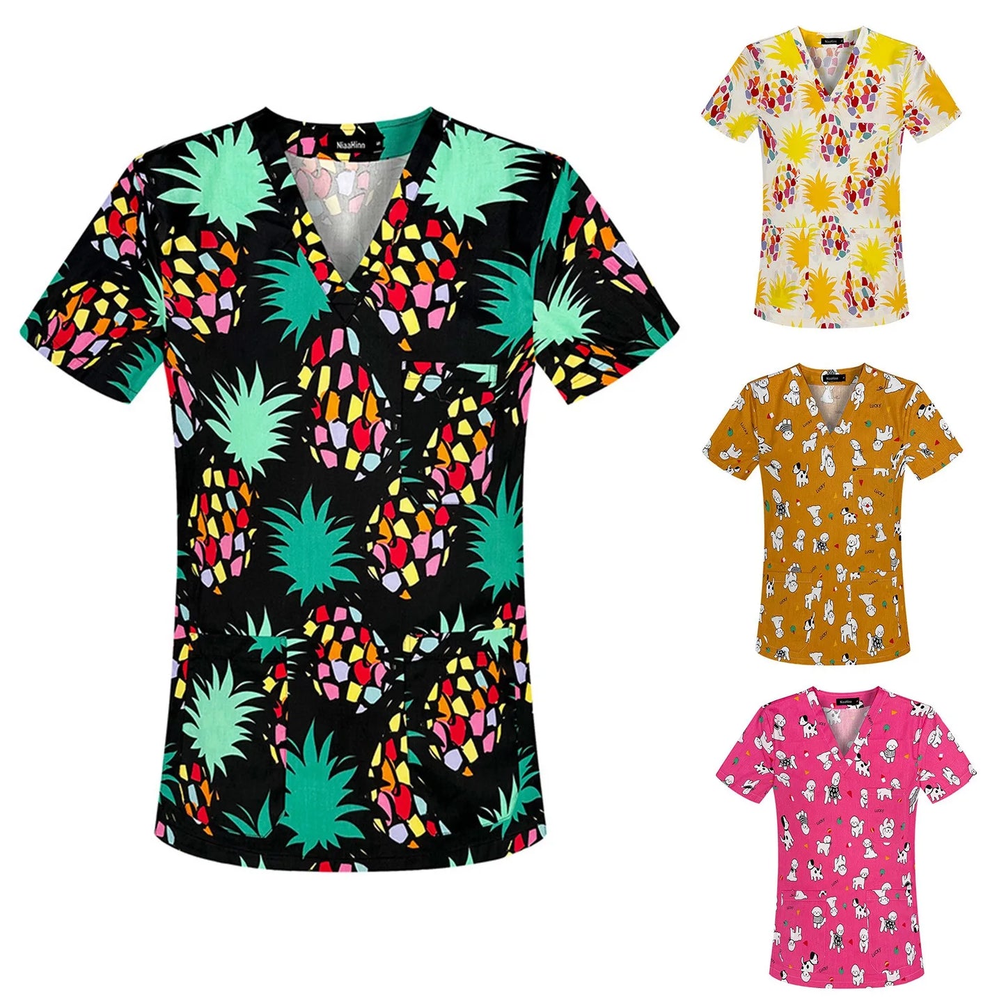 2024 New Women's Nurse Hospital Surgical Uniform Tops Cute Cartoon Animal Printing V Neck Short Sleeve Nurse Clothes Scrub Top