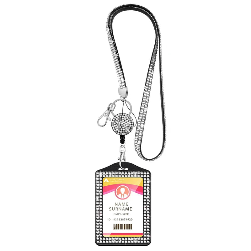 ID Name Badges Protector Case Work Card Case Crystal Retractable Lanyards Card Cover Badge Reel Badge Holder Rhinestone