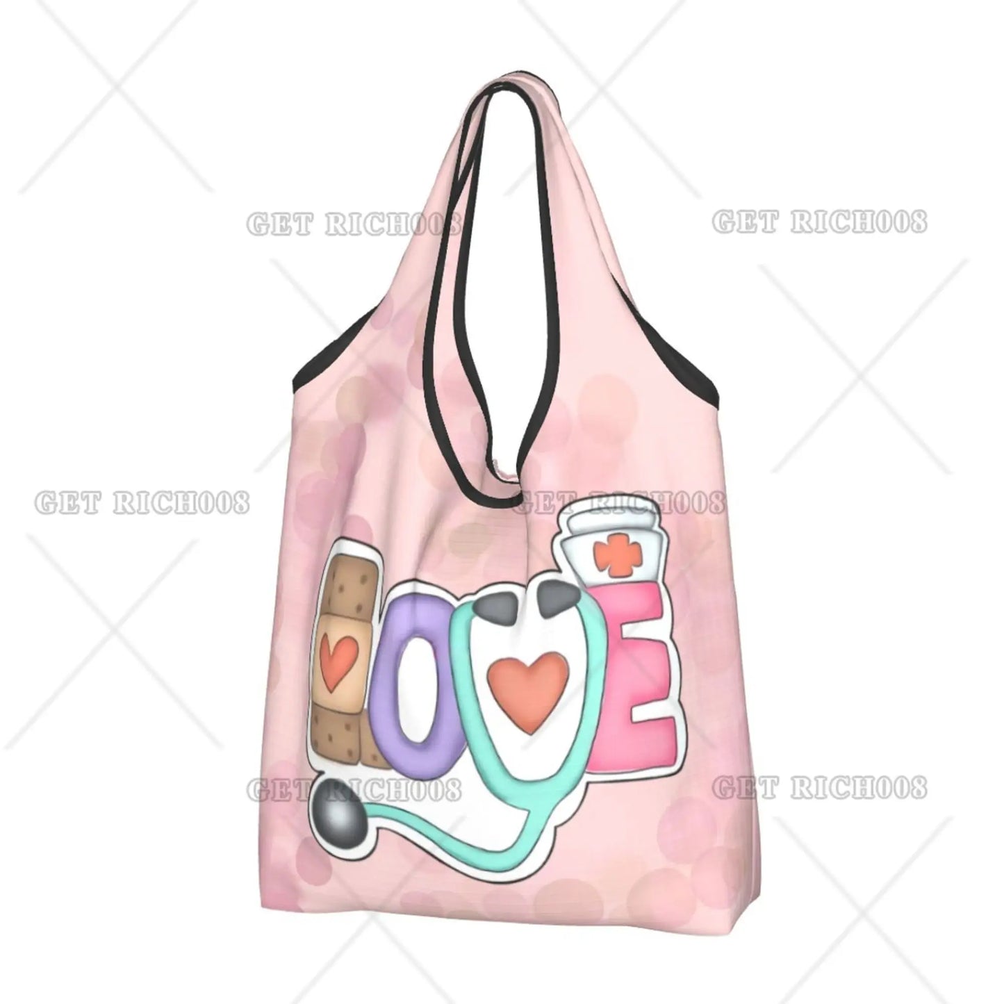 Nurse Love Pink Pattern Shopper Bag Portable Supermarket Bag Cute Tote Bag No Zipper  Fashion Reusable Shopping Bag Print