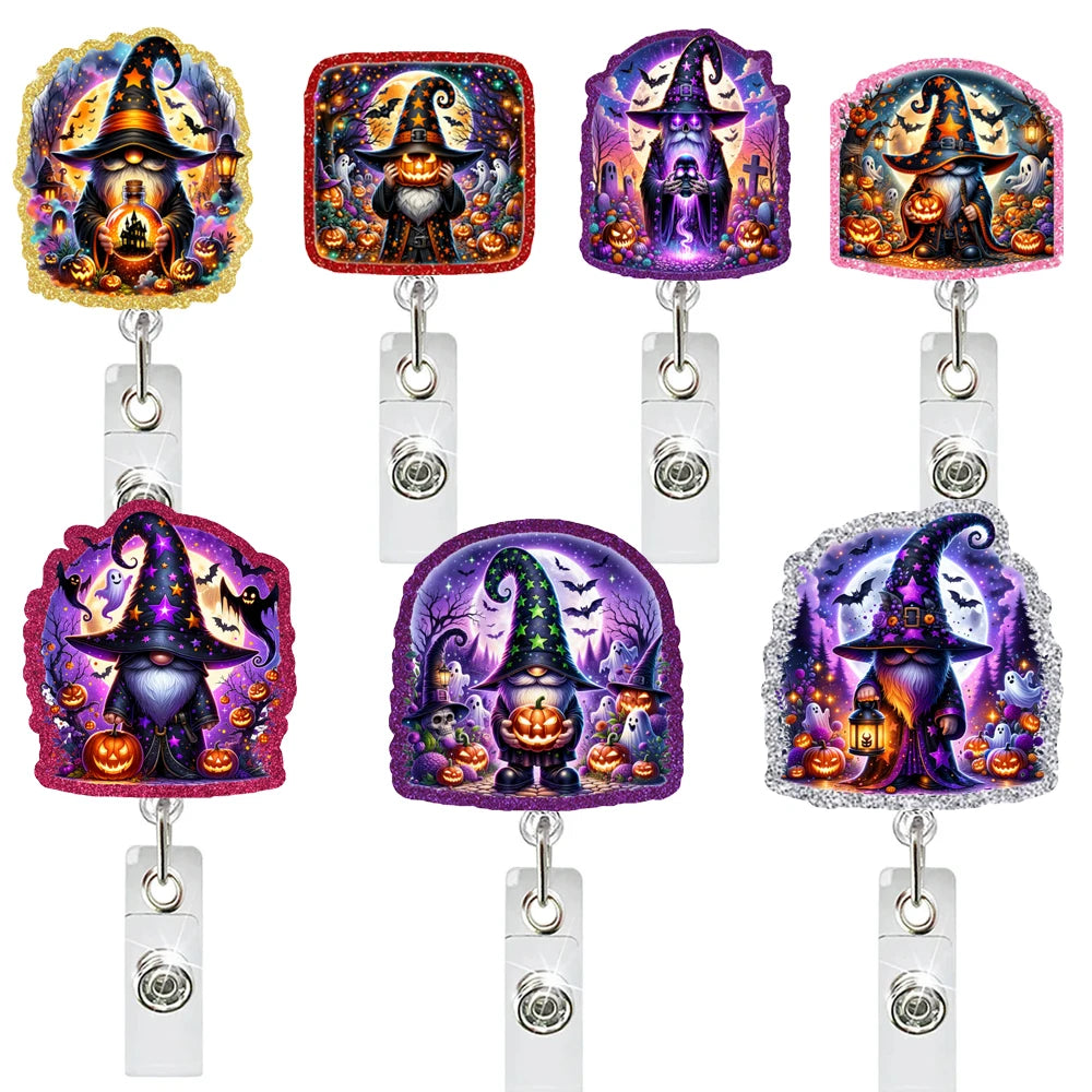 New Glitter Acrylic Halloween Gnomes Badge Reels Retractable ID Badge Holder With 360 Rotating Alligator Clip Name Holder