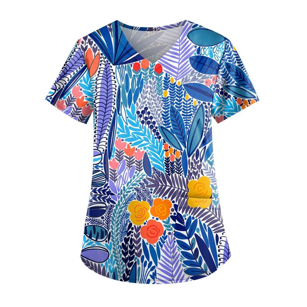 Flirty Floral V Neck T-shirt - Short Sleeve Medical Top with Stylish Pocket - Perfect for Spring & Summer - Womens Casual Comfor