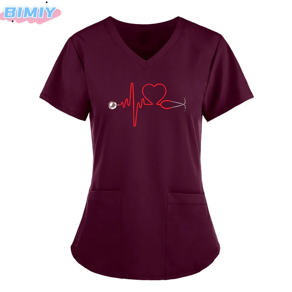 Letter Love Heart Nurse Uniform Print Tops V-Neck Pocket Medical Uniforms Nursing Scrubs Tops Working Clothes uniforme enfermera