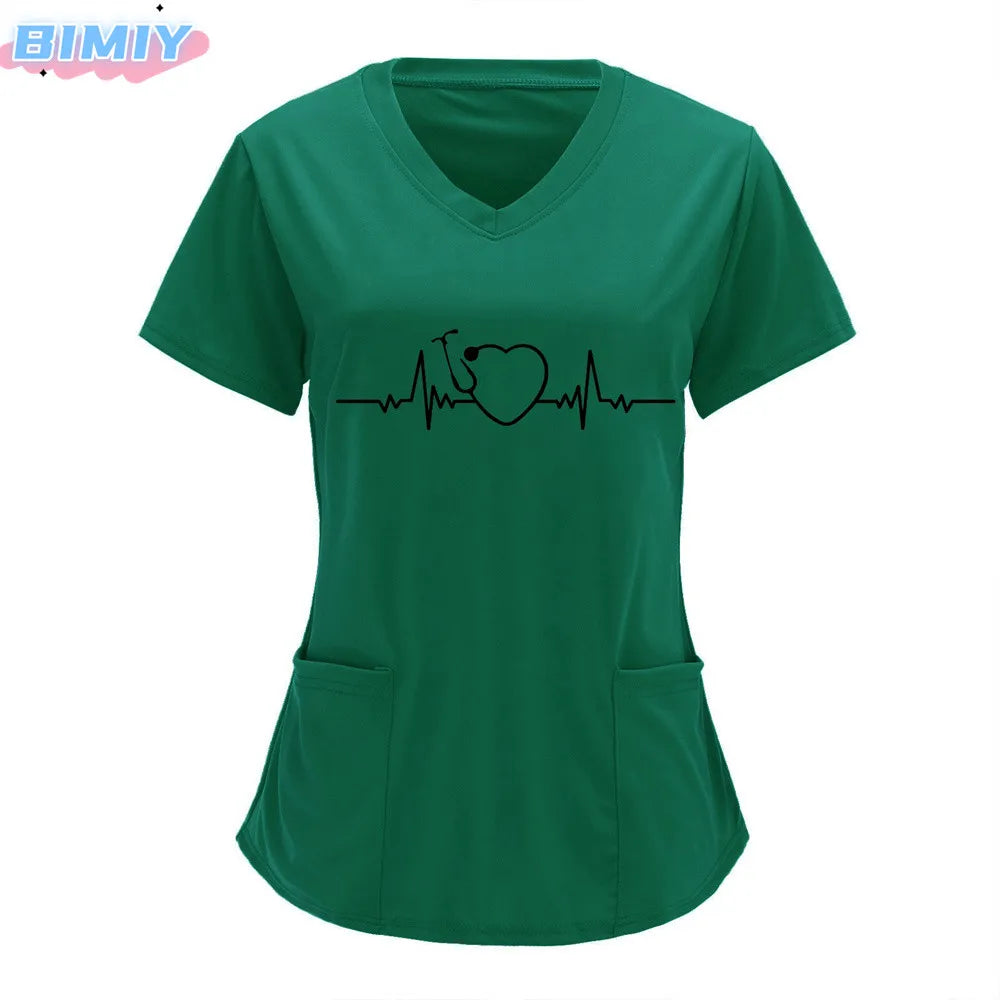 Letter Love Heart Nurse Uniform Print Tops V-Neck Pocket Medical Uniforms Nursing Scrubs Tops Working Clothes uniforme enfermera